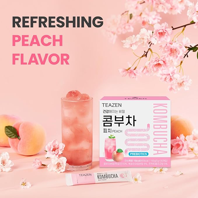 TEAZEN Peach Kombucha Tea, Hydration Drink Mix, Sugar Free, Live Probiotics & Prebiotics, 30 Sticks, 5.29oz