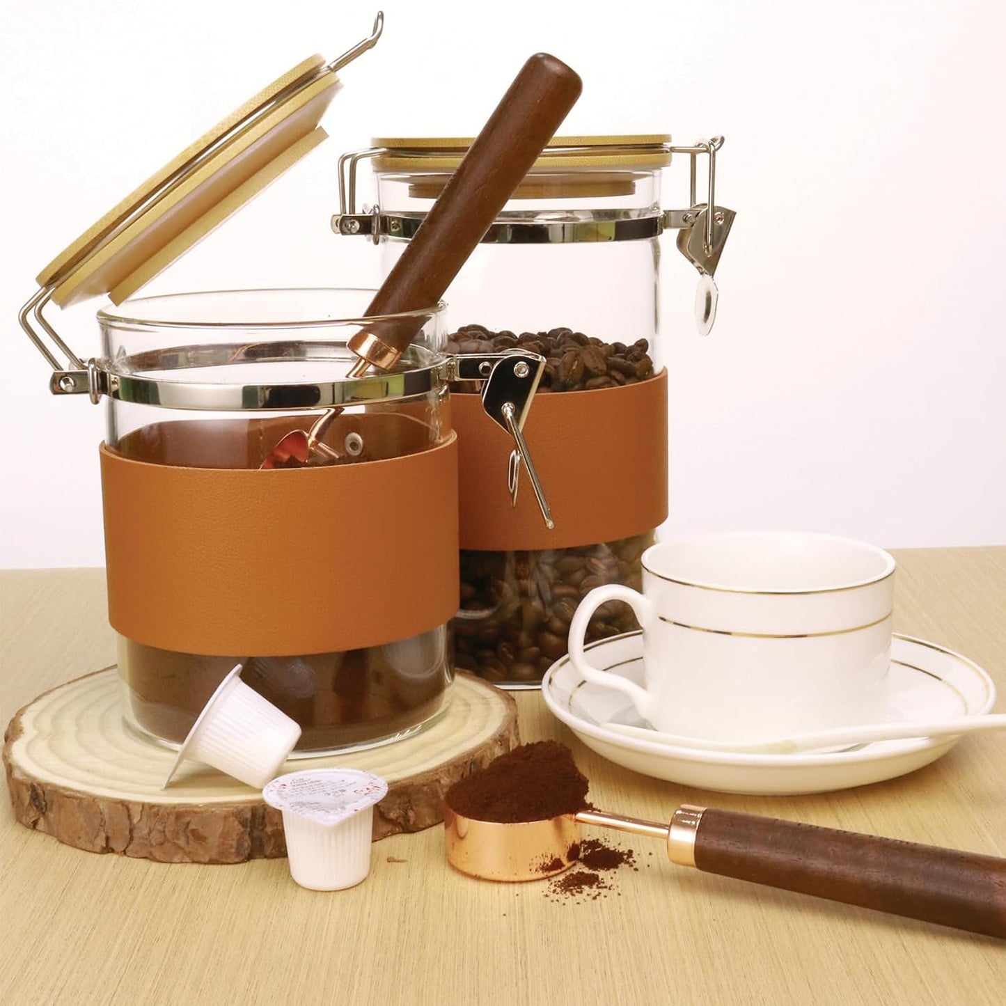 Glass Storage Jars with Spoon, Kitchen Food Storage jars with spoon, Glass Coffee Nuts Canister with Bamboo Lids, Scoop for Beans, Ground Coffee,Nuts, Cookie, Flour (27OZ×2)