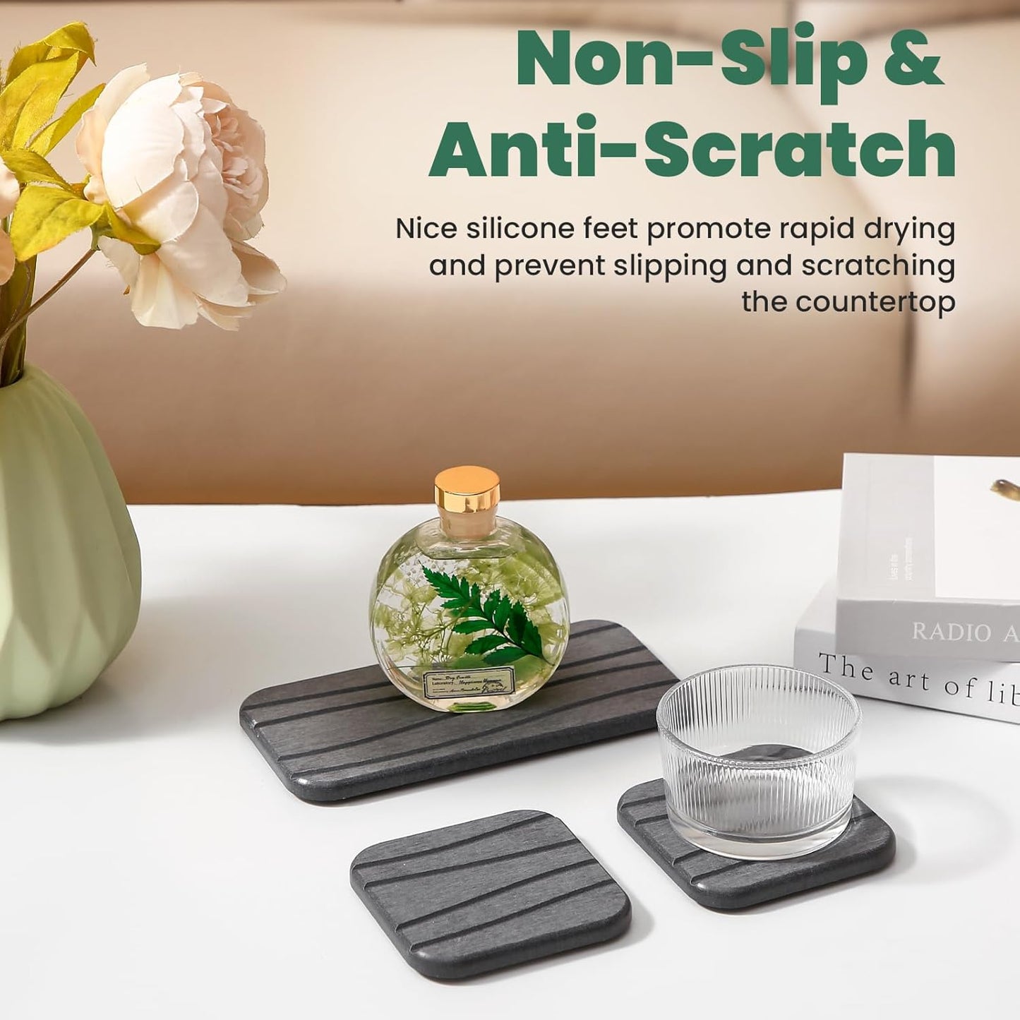 3PCS Water Absorbing Diatomaceous Earth Tray for Sink, Fast Drying Soap & Toothbrush Holders for Bathroom Counter, 1 Stone Tray, 2 Stone Coasters