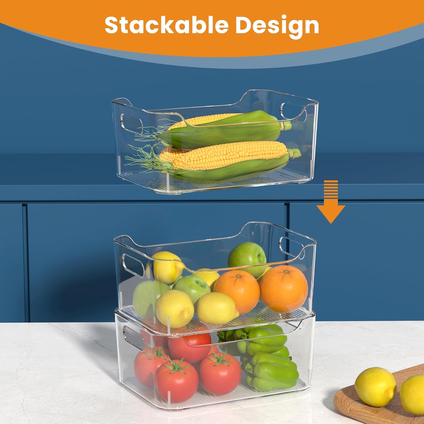 Clear Plastic Storage Bins-Pantry Organizers & Storage Containers-Refrigerator Organizer Bins with Handle - Home Organization Must Haves for Kitchen(Clear 6 Pack-Large)