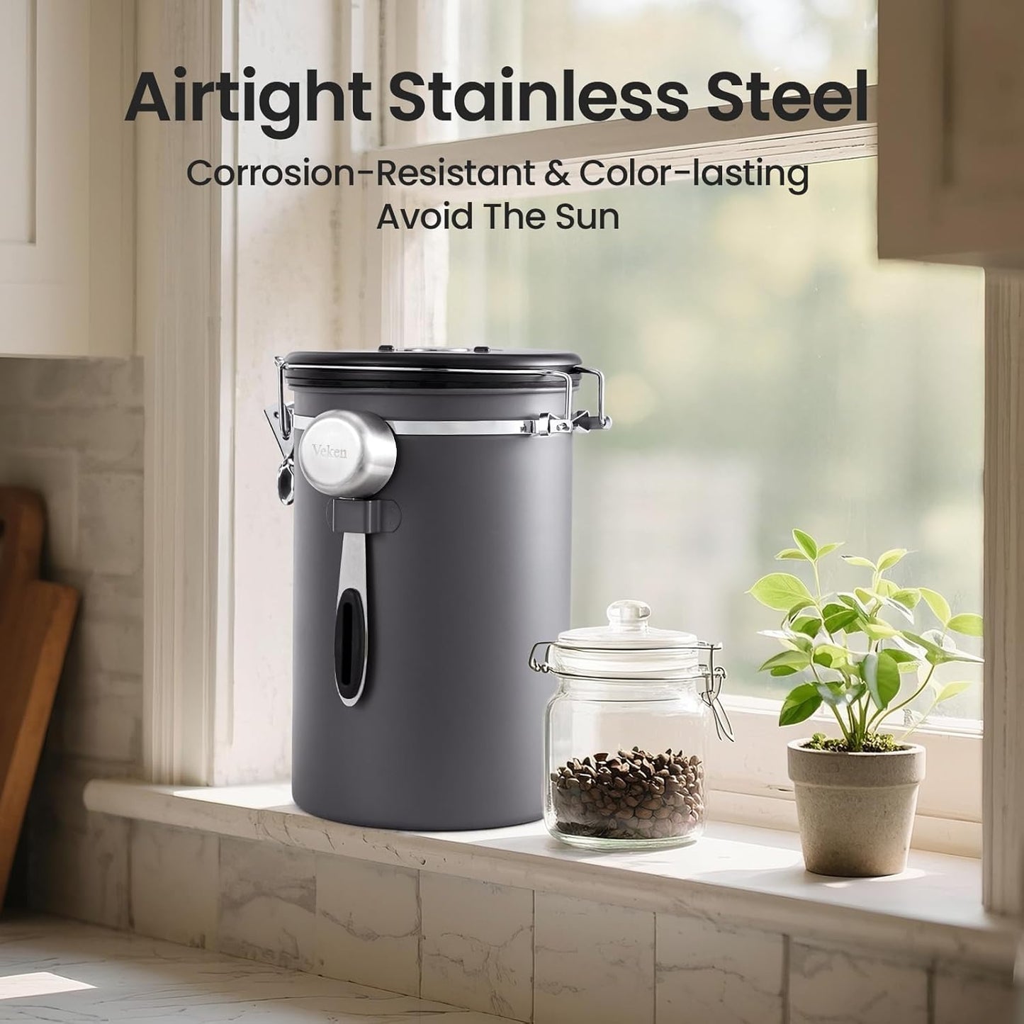 Veken Coffee Canister, 39OZ Large, Airtight Stainless Steel Food Storage Container for 2.2lbs Coffee Beans, Ground, Sugar, Tea, Flour, Rice, Cereal, Cookies Jars, Bar Accessories & Gifts, Gray