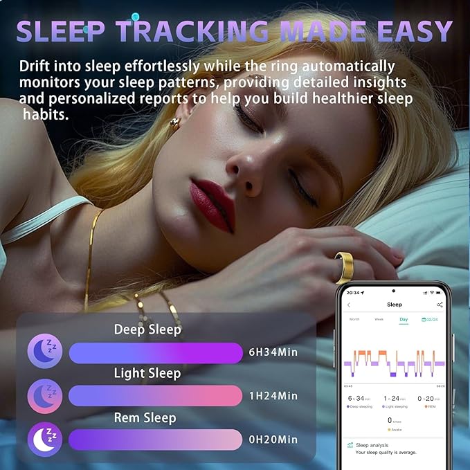 Fitness Tracker Ring for Men Women – Smart Health Ring with Heart Rate, SpO2, Blood Pressure, Sleep Monitoring, Steps, Calories, 5ATM Waterproof, No Subscription Fee for iOS and Android (Gold 10)