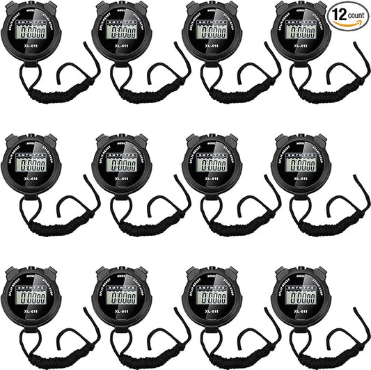 TOODOO 12 Pack Multi Function Digital Stopwatch Timer Bulk Sports Stopwatch with Lanyard Plastic Display Waterproof Date Time Alarm Timer for Coaches Fitness Referees