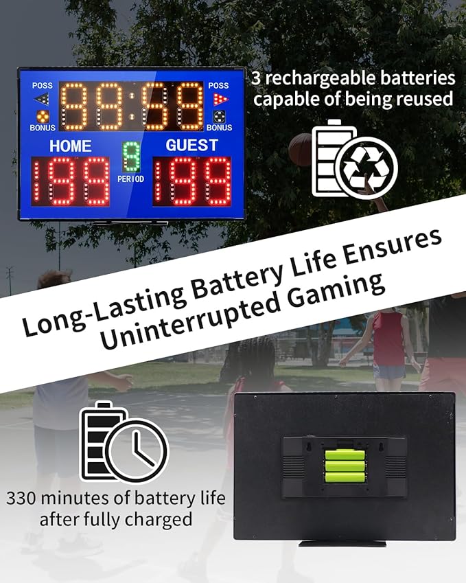 Basketball Digital Scoreboard with Remote,Battery Powered Portable Tabletop Electronic Scoreboard with 75dB Buzzer,Countdown Timer & Score for Games