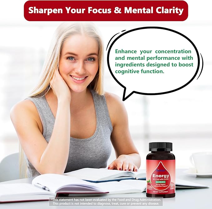 Natural Energy Gummies with Vitamin B12, Goji, CoQ10, Energy Support & Metabolism Support Chewable Supplement,GMO Free, Gluten Free(Raspberry, 120 Count)