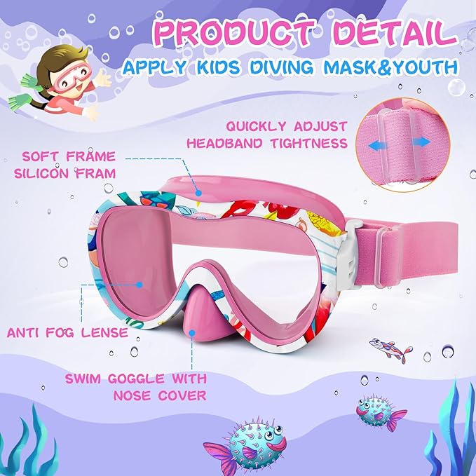 Kids Swim Goggles with Nose Cover, 180° Panoramic Snorkel Mask with Anti-Fog & Anti-Leak Design, Comfort Fabric Strap UV Protection Lens for Boys Girls Ages 3-15