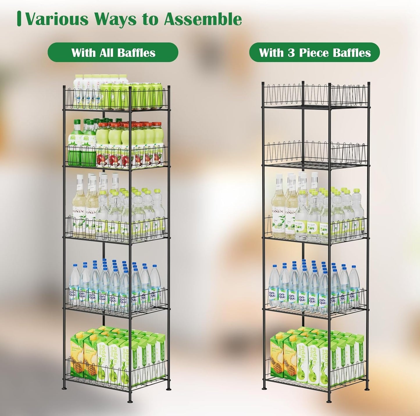 5 Tier Water Bottle Storage Rack Freestanding Metal Water Bottle Holder Shelf Organizer Drink Beverage Soda Can Organizer Storage Rack Bottled Water Stand for Floor Pantry Kitchen Food Storage, Black