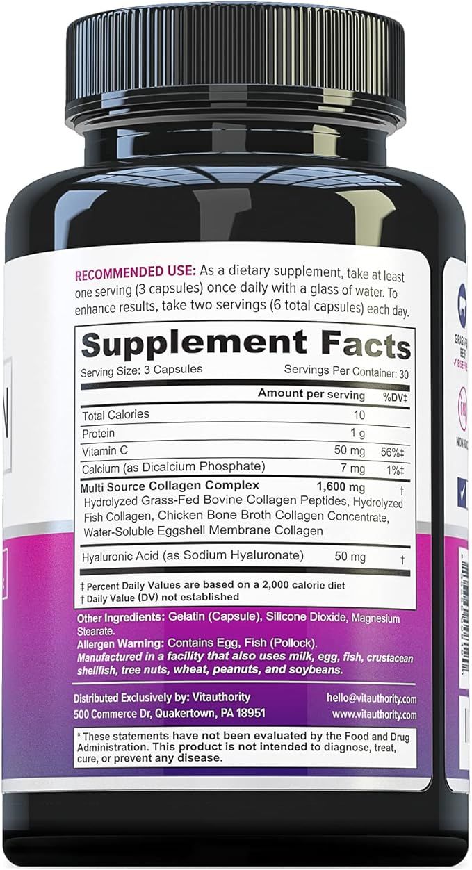 Multi Collagen Peptides Capsules for Women - Hydrolyzed Collagen for Women Pills with Types I II III V & X Plus Vitamin C & Hyaluronic Acid for Beautiful Hair Skin and Nails - 30 Servings