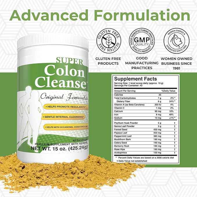 Health Plus Super Colon Cleanse Original Formula (1990-2025), 15 oz Powder, 42 Servings, with Psyllium Husk and Senna Leaf for Constipation Relief and Digestive Support