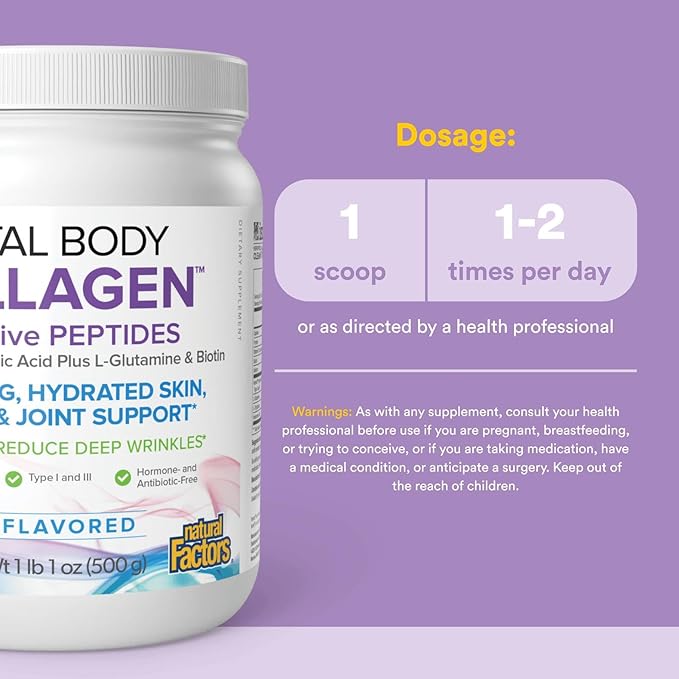 Natural Factors Total Body Collagen Bioactive Peptides Powder for Healthy Skin, Hair & Joints, Unflavored, 500 g