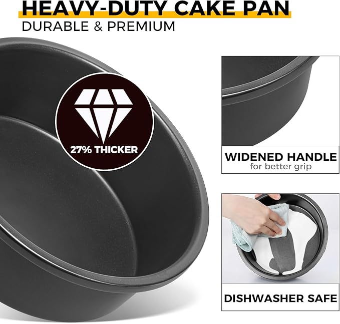 HONGBAKE 6 Inch Round Cake Pan Set for Baking with 30 Pieces Parchment Paper, Nonstick Deeper Circle Cake Pans with Wider Grips, 3 Pieces Layer Cake Tin, Cheesecake Mold, Huty Duty - Grey