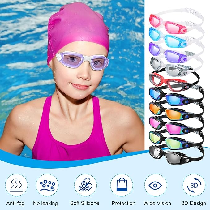 Konohan 10 Pack Swim Goggles Bulk for Kids adult Pool Goggles Anti Fog Silicone No Leak Swimming Glasses for Men Women Youth