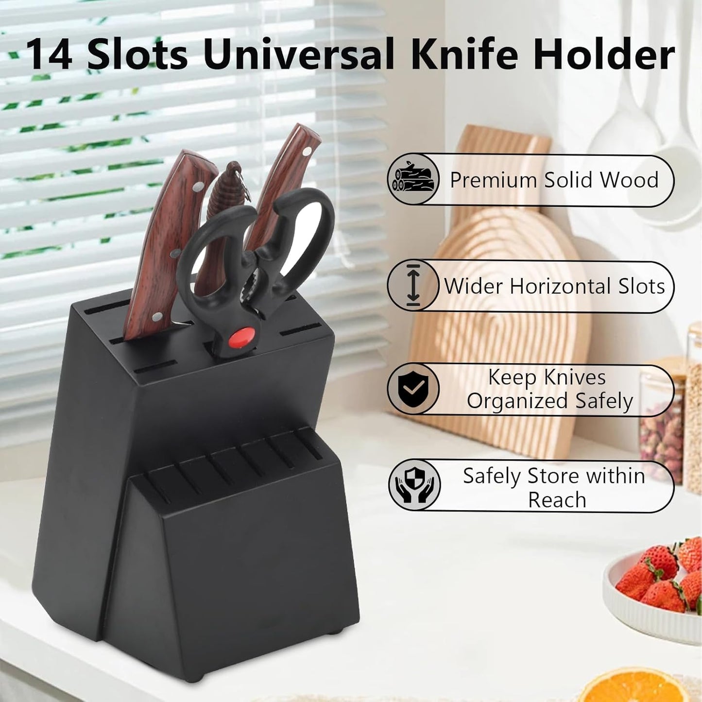 Wood Kitchen Knife Block, Universal Kitchen Knife Holder Kitchen Knife Storage Rack 14 Slots Knife Holder (Black)