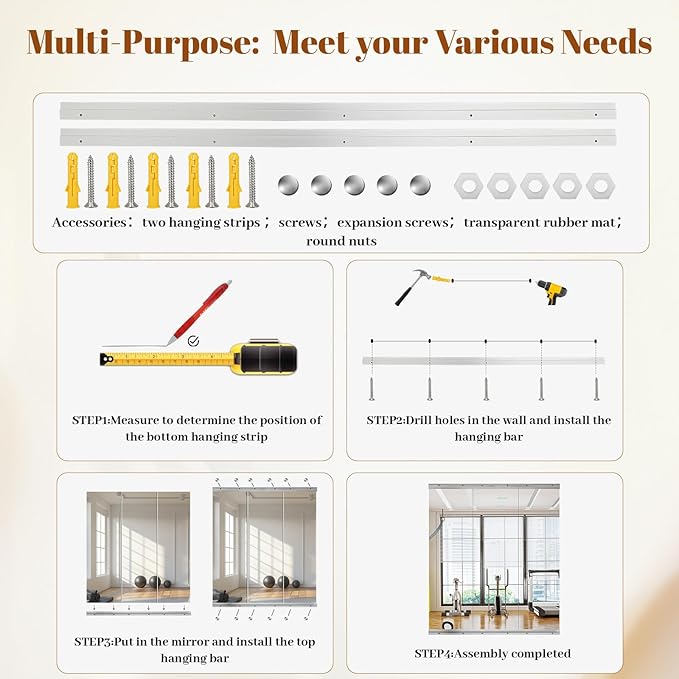 Home Gym Mirror - 3 PCS 16×56 inches, Large Frameless Wall Mounted Full Length Body Mirror for Dancing Studio, Exercise, Fineness, Yoga, Tempered Glass