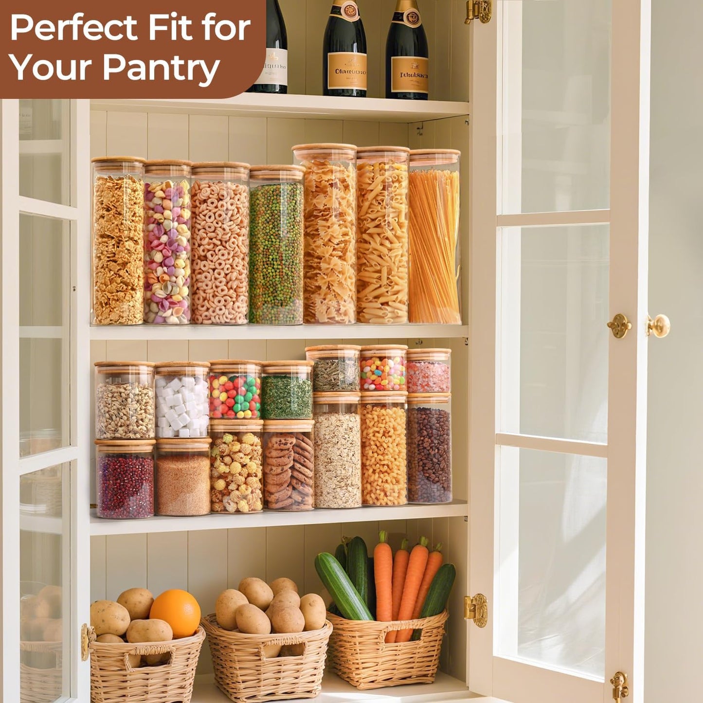 ComSaf 1.7 Qt Glass Storage Containers with Lids, Glass Jars with Lids, Clear Food Storage Jar, Round Canister Set of 3, Pantry Organizers for Pasta Flour Cookie Rice Tea Coffee Bean