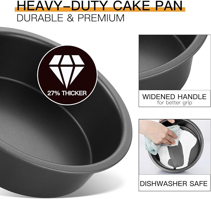 HONGBAKE Round Cake Pan Set for Baking, 8 Inch, Nonstick Deeper Circle Cake Pans with Wider Grips, 2 Pieces Layer Cake Tin, Cheesecake Mold, Huty Duty, Dishwasher Safe - Grey