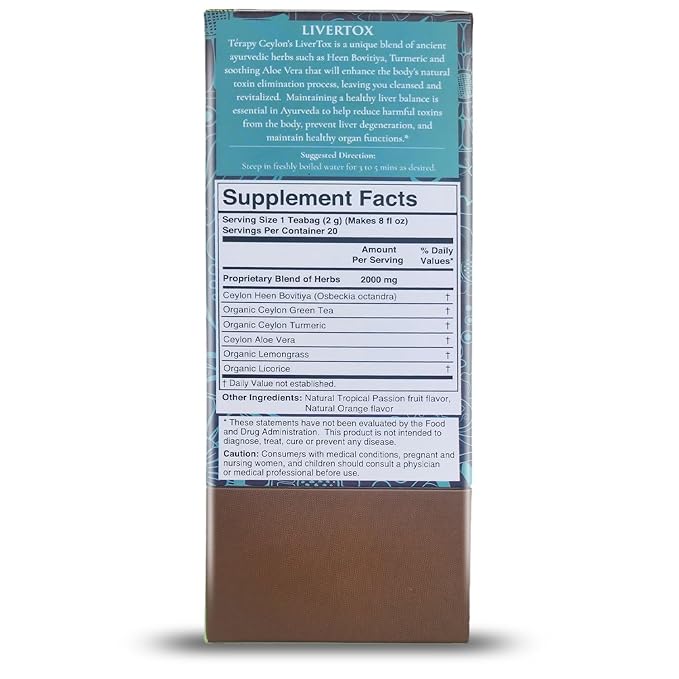 Tรฉrapy Ceylon LIVERTOX Organic Herbal Tea Bags | Helps with Liver Kidney Cleanse Detox & Repair | 100% Natural Ayurvedic Ingredients including Turmeric, Aloe Vera and Lemongrass | 20 Individually Wrapped Tea Bags