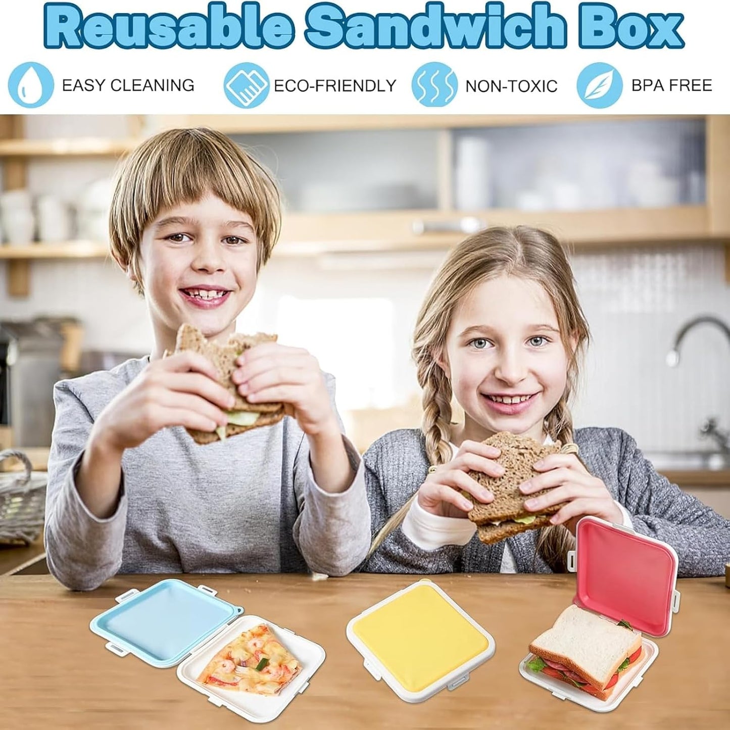 Sandwich Containers, Silicone Sandwich Storage with Snap-Off,Sandwich Box for Lunch,BPA Free,Leakproof, Reusable Plastic Sandwich Holder for Fruit,Salad,Snacks and Food Storage (Blue+Yellow)