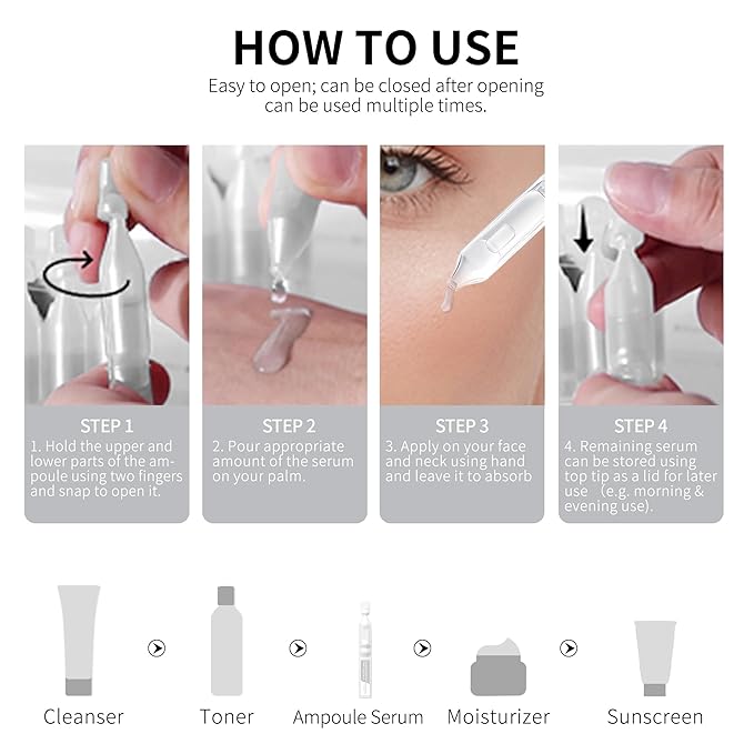 Brightening Hydrating Facial Serum Ampoules, with Niacinamide, Tranexamic Acid & 3‑O‑Ethyl Ascorbic Acid (Vitamin C), Alpha‑Arbutin, Madecassoside & Panthenol for Smooth, Dewy Skin