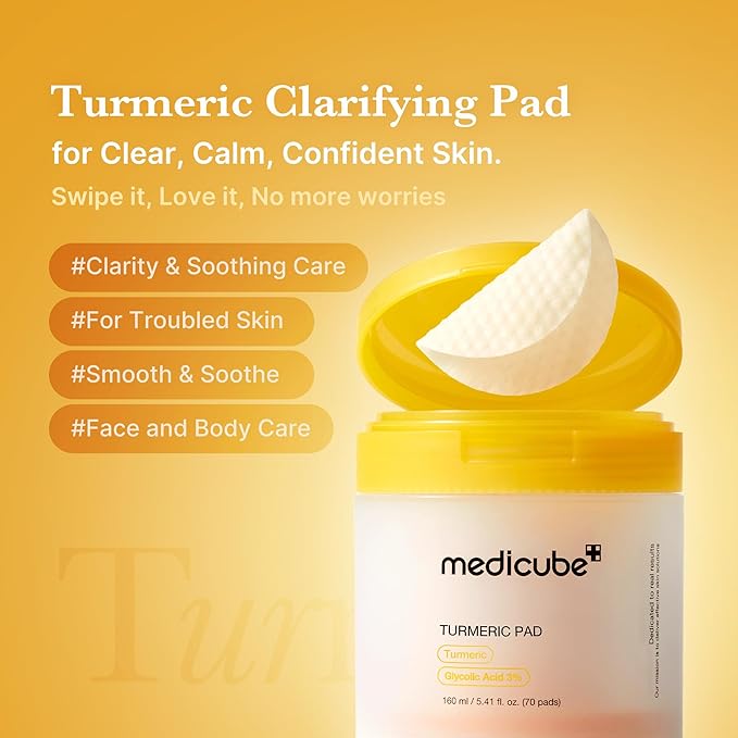 medicube Turmeric Clarifying Toner Pad for Troubled Skin & Use After Spot Care | Soothing & Calming with Turmeric, Niacinamide, Glycolic Acid | Korean Skin Care, 70 Pads