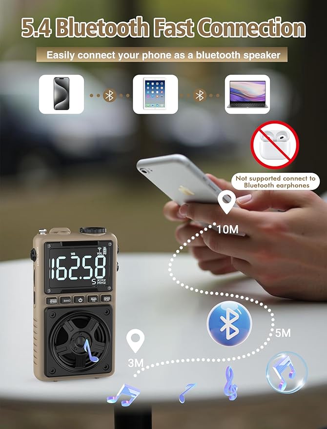 Bluetooth AM FM Shortwave Radio with NOAA Weather Alert,1250mAh Rechargeable Portable Pocket Radio with Best Reception,5W Big Speaker, Digital Tuner and Earphone,Support SD Card and USB Player(Brown)