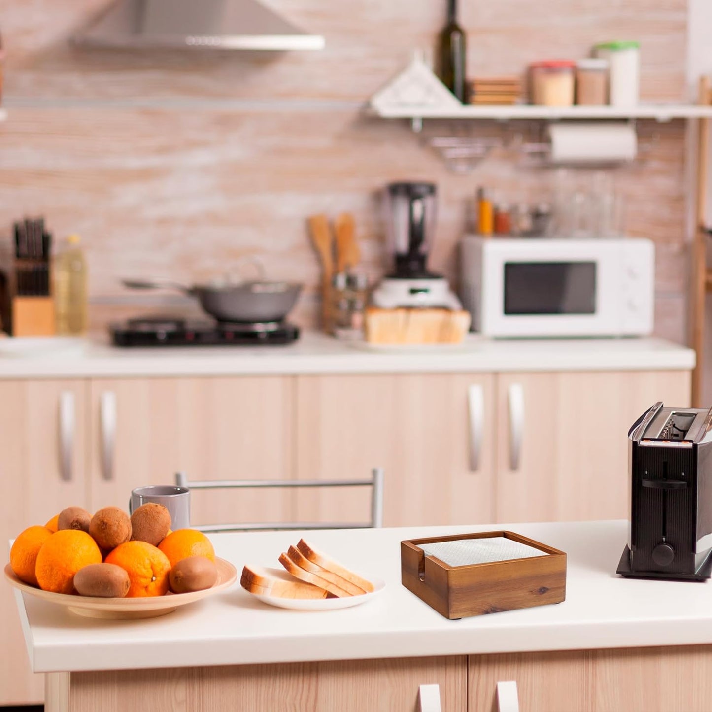 Acacia Cocktail Paper Napkin Holder Square 5.4x5.4 inches, Wood Flat Napkin Tray, Cocktail Napkin Caddy For Kitchen Décor, Restaurant Countertop Bar Accessories