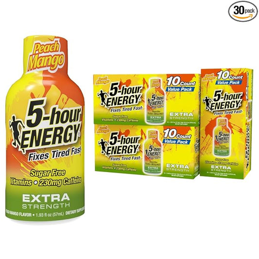 5-hour ENERGY Extra Strength Energy Shot, Peach Mango Flavor, Zero Calories & Sugar-Free 230 mg Caffeinated Shot, Amino Acids & B Vitamins, Dietary Supplements, 1.93 oz., 30 Count