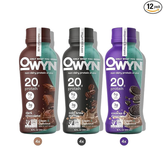 OWYN Only What You Need Plant Based Protein Shake, 20g Vegan Protein from Organic Pumpkin Seed, Flax, Pea Blend, Prebiotic Supplement, Superfood Greens, Gluten & Soy-Free (Variety Pack, 12 Pack)
