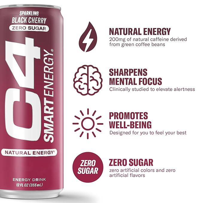 Cellucor C4 Smart Energy Drink - Sugar Free Performance Fuel & Nootropic Brain Booster, Coffee Substitute or Alternative | Black Cherry 12 Oz - 12 Pack