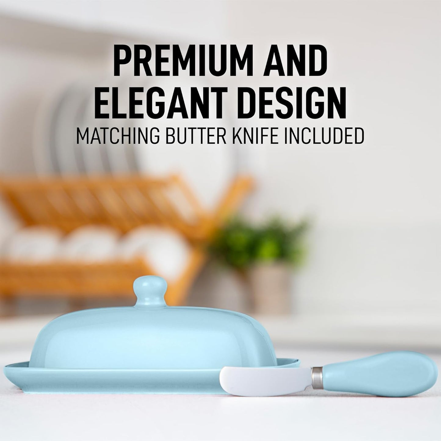 Zulay Butter Dish With Lid For Countertop - Porcelain White, Ceramic Butter Dish with Knob Handle Great for Cooking - Elegant Design Butter Holder - Durable & Sturdy Butter Keeper - Light Blue