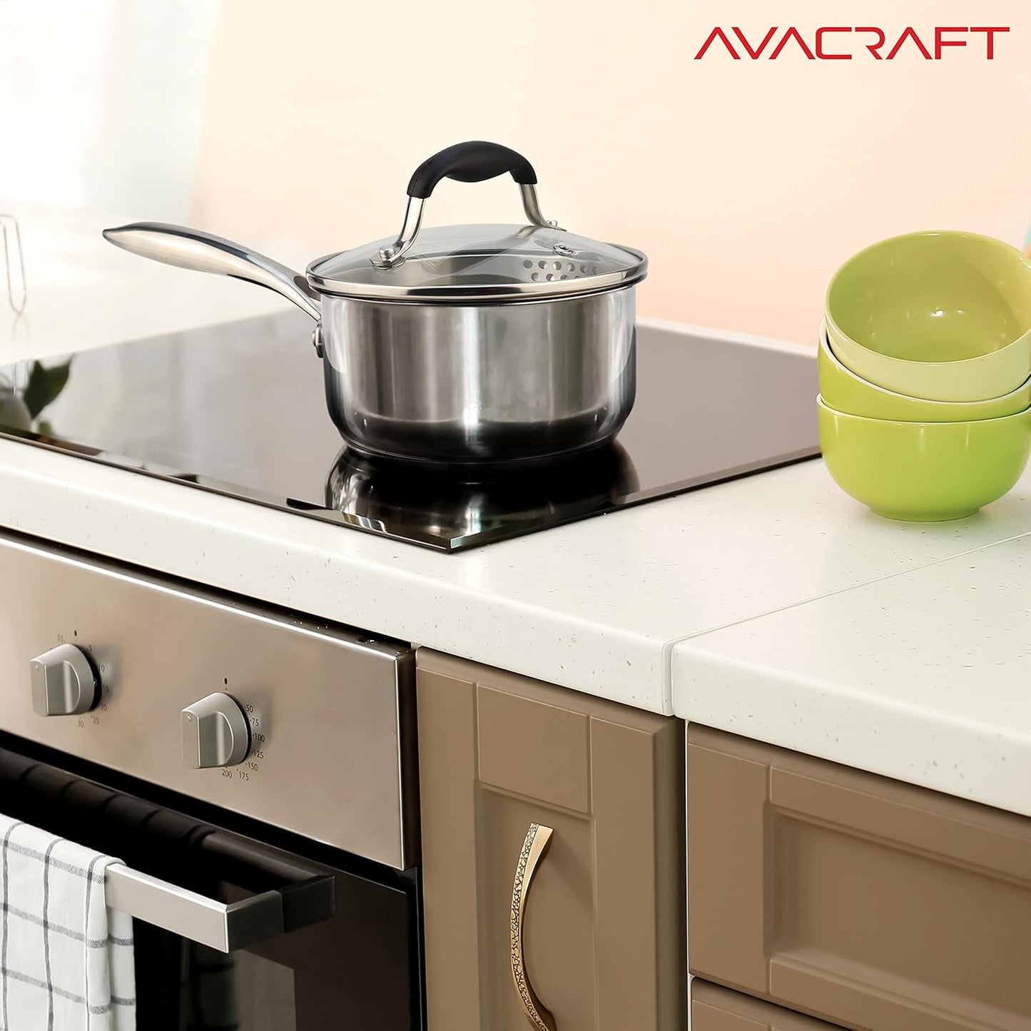 AVACRAFT Multipurpose Sauce Pan/Pot, Stainless Steel with Glass Strainer Lid, Two Side Spouts for Easy Pour with Ergonomic Handle (5-Ply Capsule Bottom, 1.5 Quart)