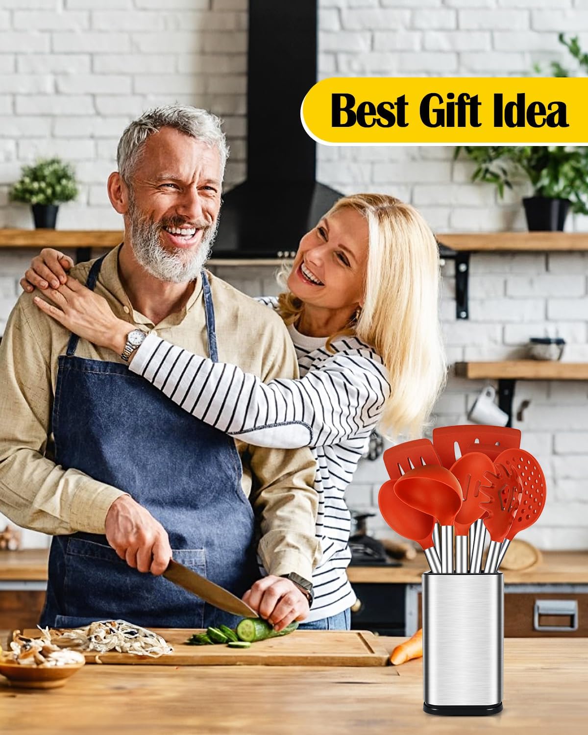 Silicone Cooking Utensil Set, 8Pcs Non-stick Cookware with Stainless Steel Handle, BPA Free Heat Resistant Kitchen Tools with Spatulas, Turners, Spoons, Skimmer and Pasta Fork (RED)