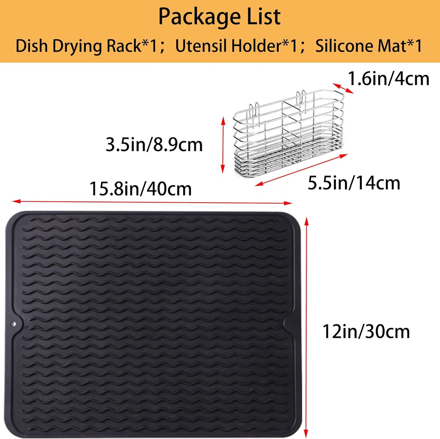 Stainless Steel Dish Drying Rack(15"L x 8.3"W x 4.2"D), Expandable Fruit & Vegetable Drain Rack over Sink, Dish Drainer Rack in Sink, with Stainless Steel Utensil Holder & 16" Silicone Mat