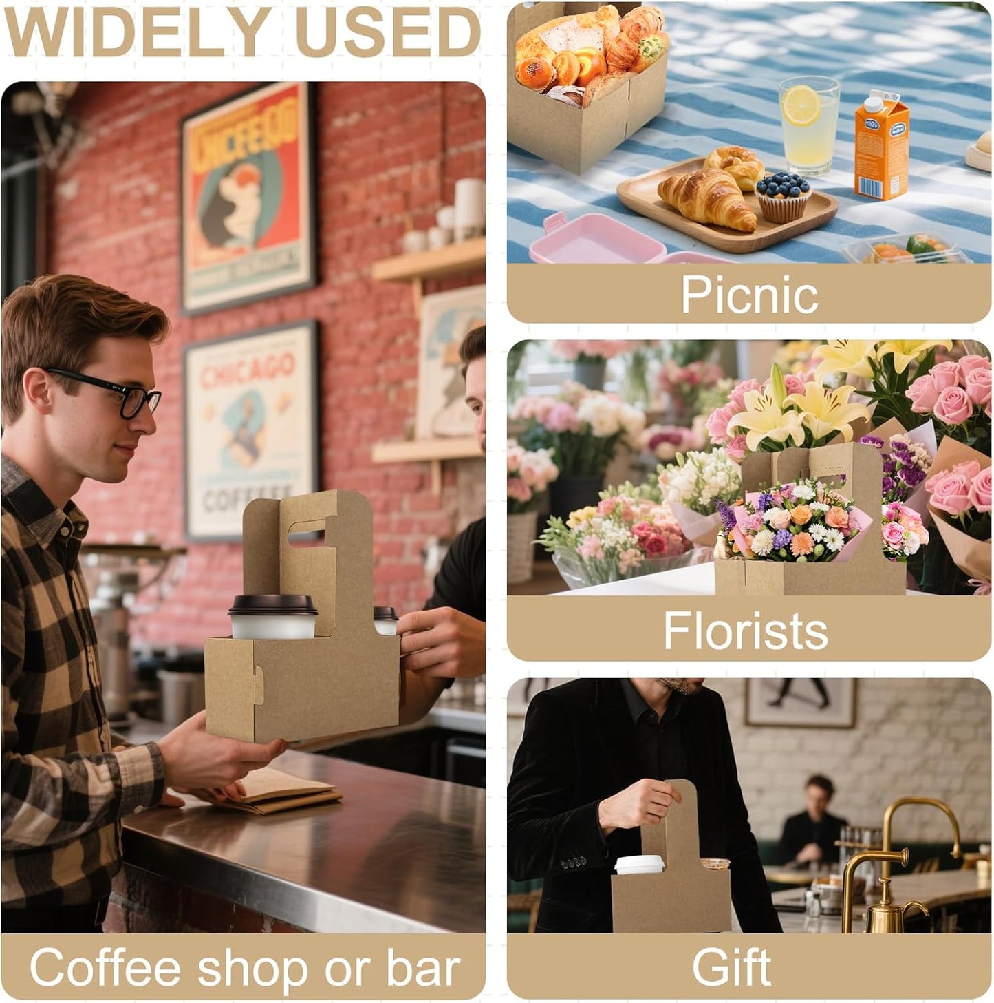 15 Pcs 2 Cup Drink Carrier with Handle, Assemblable Kraft Cardboard Cup Holders with 15 Pcs Happy Birthday Stickers, Disposable Drink Carrier for Drinks Coffee Take Out Cup Carriers Brown