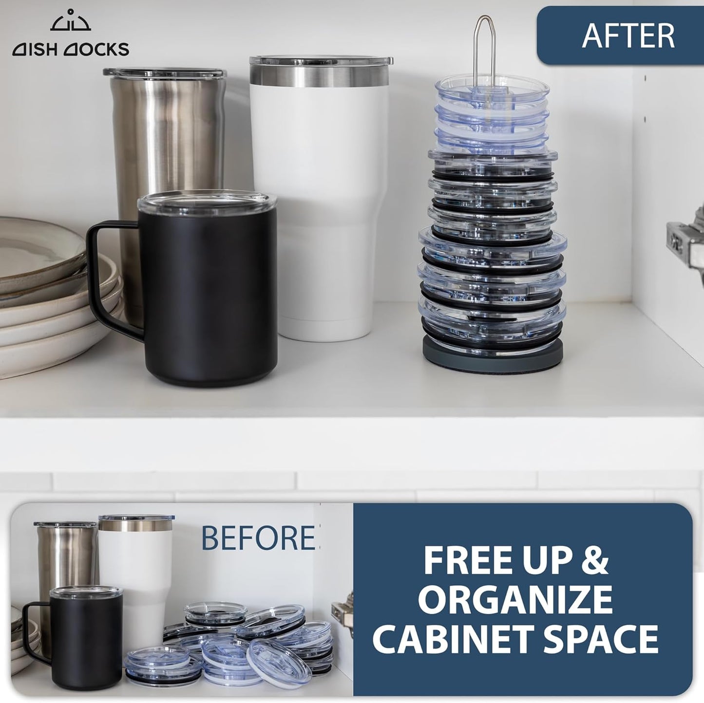 Tumbler Lid Organizer for Cabinet & Countertop - Slim Space-Saving Lid Holder with 9" Sturdy Bar & Weighted, Non-Slip Base - Vertical Storage Cup Lid Organizer - Collapsible Lid Rack for 10 Lids