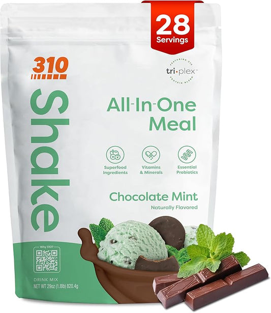 310 Nutrition All-In-One Meal Replacement Shake Powder - Plant-Based Protein Smoothie Blend w/High Fiber, Probiotics & Adaptogens - Low Carb, Vegan, Keto & Paleo Friendly - Chocolate Mint - 28 Srv