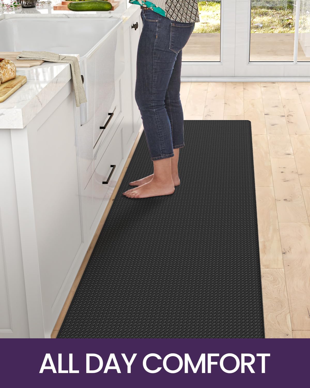 DEXI Kitchen Floor Mats Cushioned Anti Fatigue, 17x95, Long Standing Runner Rug Waterproof, Comfort Memory Foam Padded for Front Sink Laundry, Black