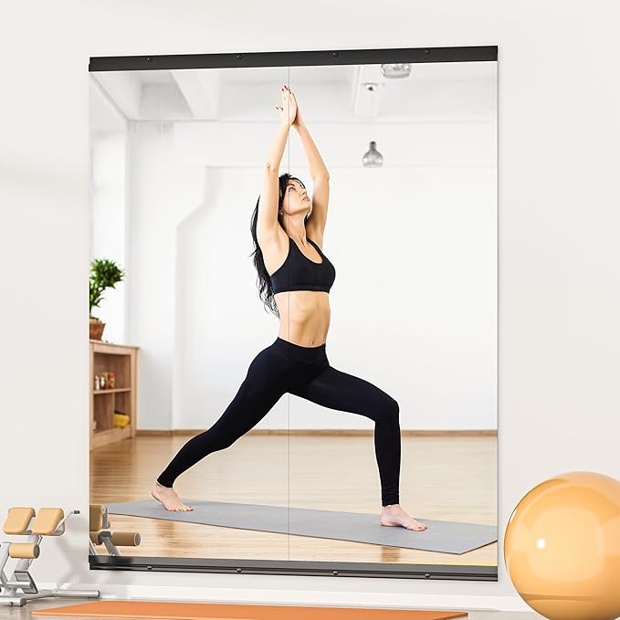 Hasipu 2 Pcs 79''x35'' Home Gym Mirror Large Full Length Wall Mounted Full Body Mirror for Yoga Dance Fitness Exercise Studio Bedroom Garage, Frameless Tempered Glass Workout Mirrors Black Rectangular