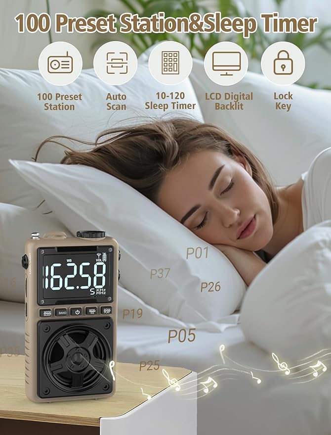 Bluetooth AM FM Shortwave Radio with NOAA Weather Alert,1250mAh Rechargeable Portable Pocket Radio with Best Reception,5W Big Speaker, Digital Tuner and Earphone,Support SD Card and USB Player(Brown)