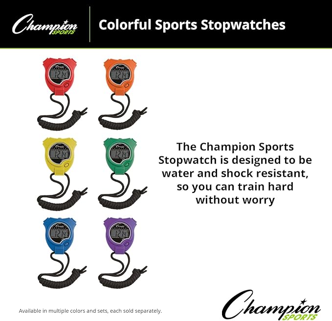Champion Sports Stopwatch Timer Set: Waterproof, Handheld Digital Clock Sport Stopwatches with Large Display for Kids or Coach - Bright Colored 6 Pack