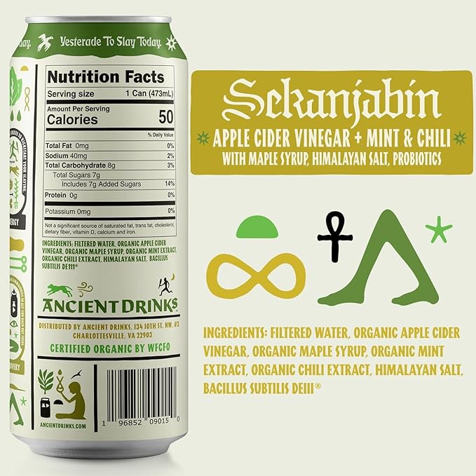 ANCIENT DRINKS Apple Cider Vinegar Beverage with Electrolytes, Vitamins, & Probiotics, Organic, Super-Hydrating Sports Drink - Sekanjabin (Mint & Chili) - 16 fl oz (12 cans)