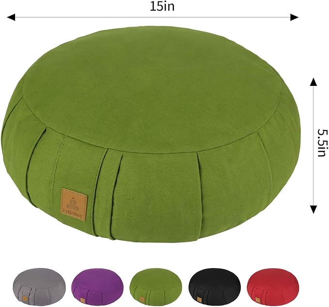 Round Zafu Meditation Cushion, D=15" H=5.5" Zabuton Meditation Pillow, Yoga Bolster/Pillow, Floor seat, Zippered Organic Cotton Cover, Natural Buckwheat, Kneeling Pillow
