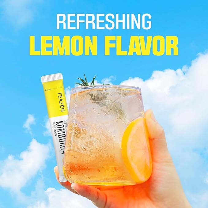 TEAZEN Lemon Kombucha Tea, Hydration Drink Mix, Sugar Free, Live Probiotics & Prebiotics, 10 Sticks, 1.76oz