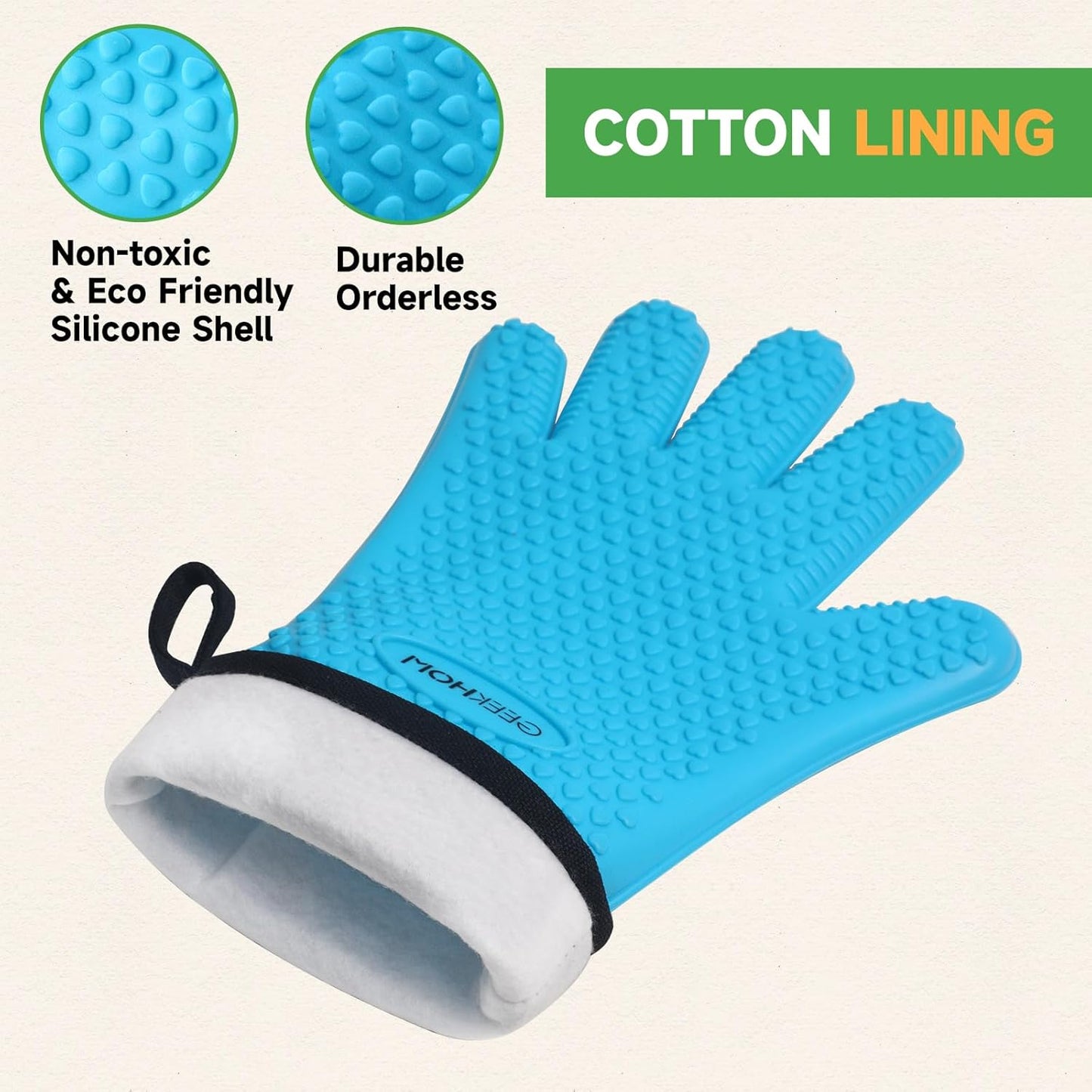 GEEKHOM BBQ Gloves Heat Resistant Oven Mitts - Silicone Grilling Gloves with 13.7" Arm Protection - Waterproof Pot Holder Non-Slip for Men & Women, Kitchen Outdoor Cooking, Baking, Camping, Blue