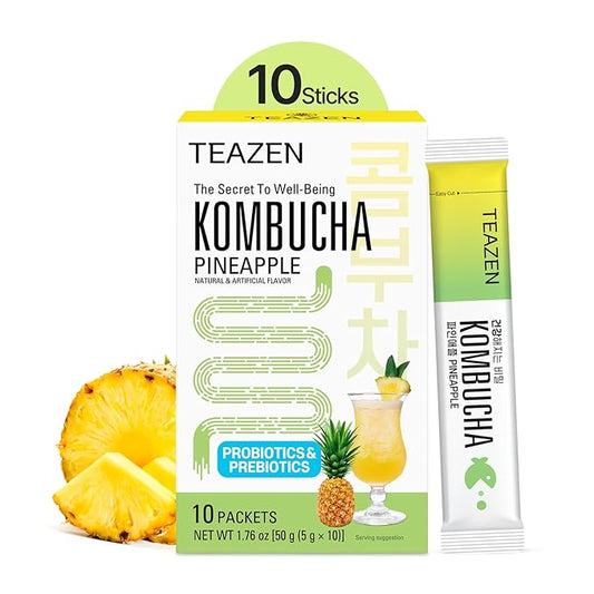 TEAZEN Pineapple Kombucha Tea, Hydration Drink Mix, Sugar Free, Live Probiotics & Prebiotics, 10 Sticks, 1.76oz
