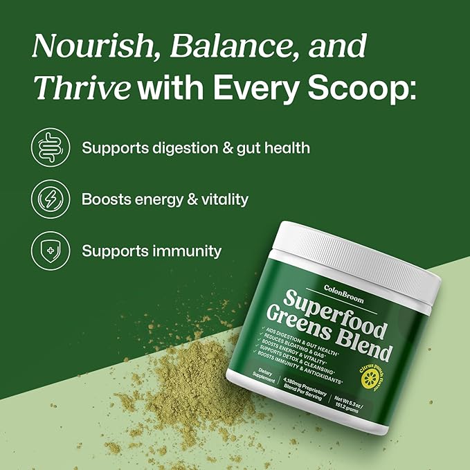 ColonBroom Superfood Greens Powder Supplement | Super Greens Juice Powder with Probiotics, Prebiotics, Spirulina & Chlorella | Natural for Energy, Immunity, Digestion & Detox Support | 28 Servings