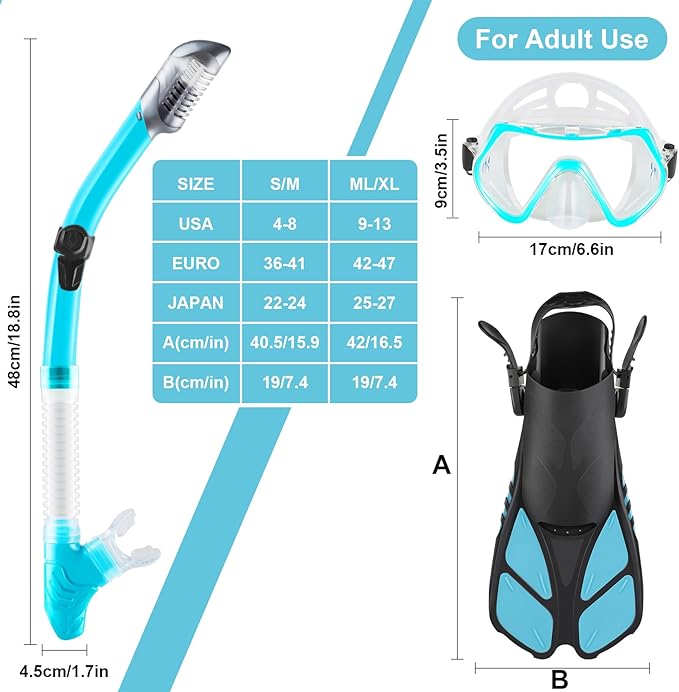 ZEEPORTE Mask Fin Snorkel Set, Travel Size Snorkeling Gear for Adults with Panoramic View Anti-Fog Mask, Trek Fins, Dry Top Snorkel and Gear Bag for Swimming Training, Snorkeling Kit Diving Packages