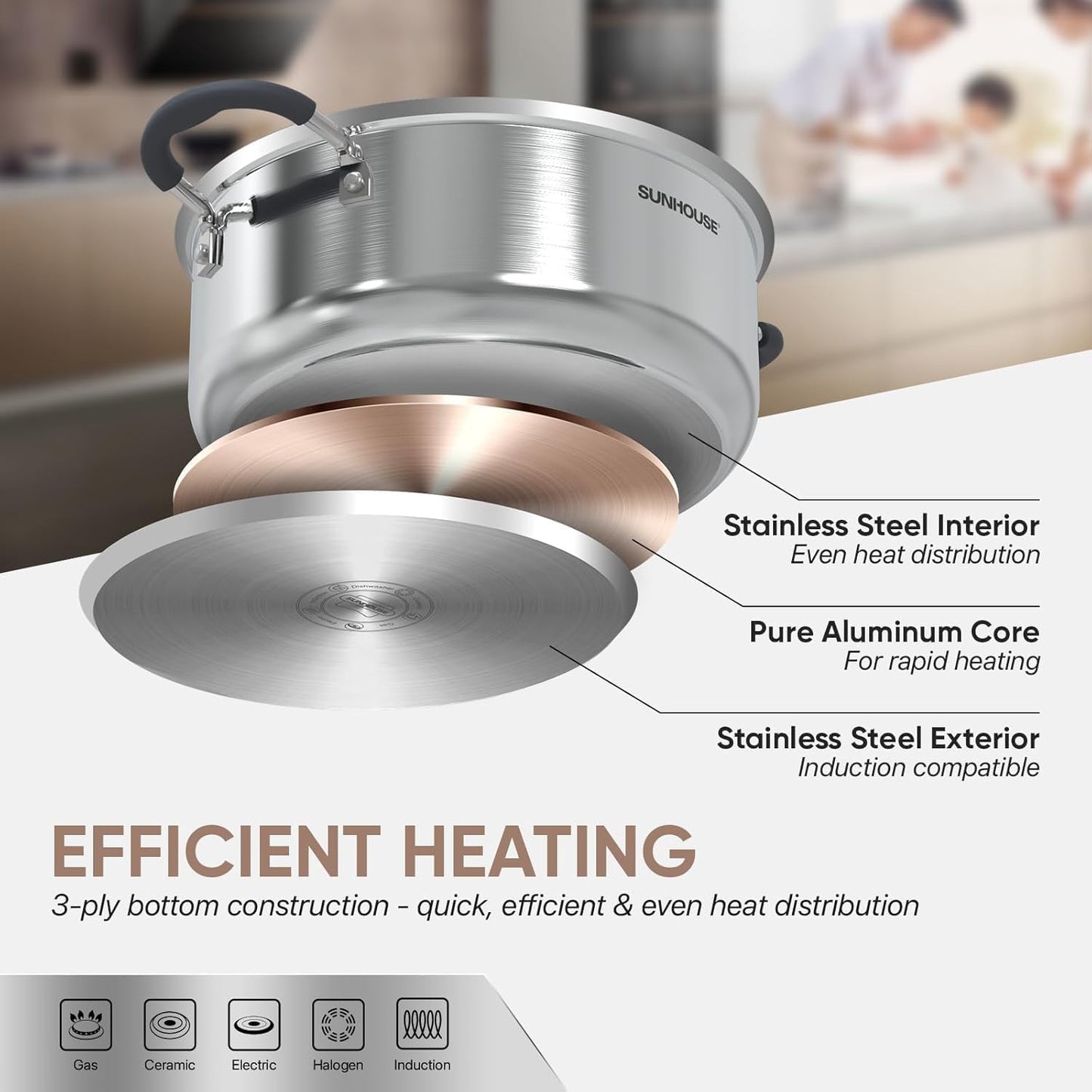 Sunhouse - 4.6 Quarts Steamer Pots With Lid 2-Tier Multipurpose Stainless Steel Steaming Pot Cookware For Vegetable, Dumpling, Sauce, Food - Triple Bottom, Measurement Line