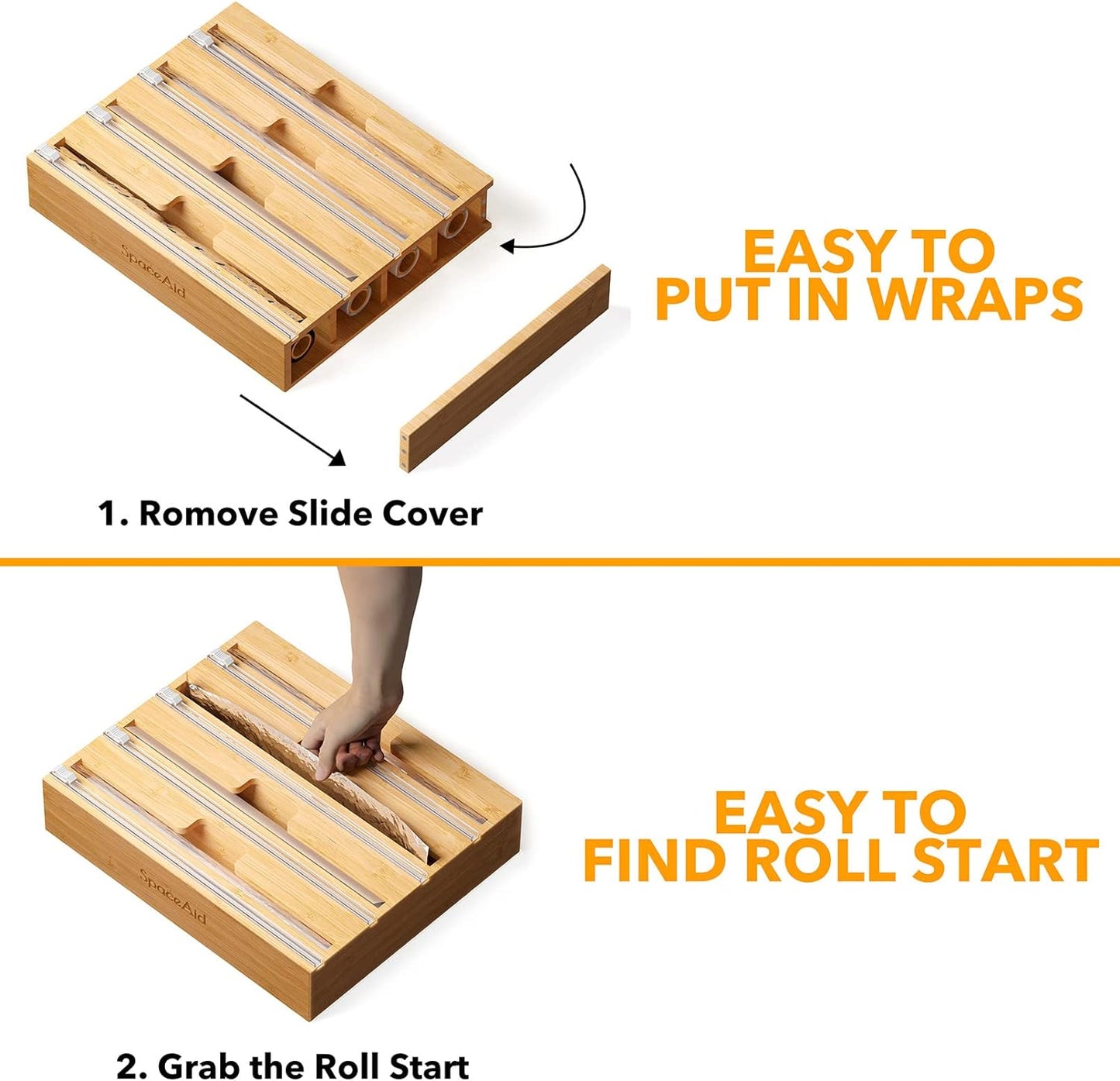 SpaceAid WrapNeat 4 in 1 Wrap Organizer with Cutter and Labels, Plastic Wrap, Aluminum Foil and Wax Bamboo Dispenser for Kitchen Storage Organization Holder for 12" Roll (Natural, 4-Slot)