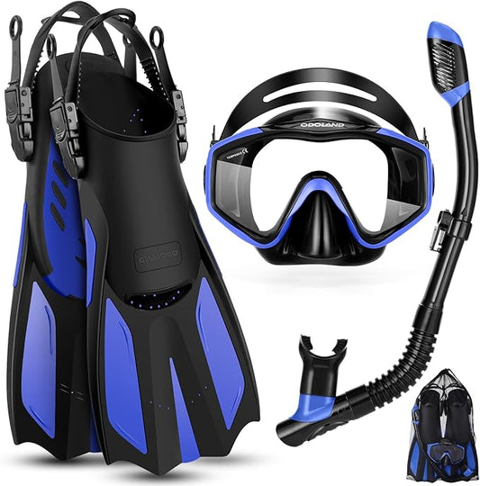 Odoland Kids Snorkeling Packages Snorkel Set, Dry Top Snorkel Mask with Adjustable Swim Fins for Boys and Girls Age 7-14
